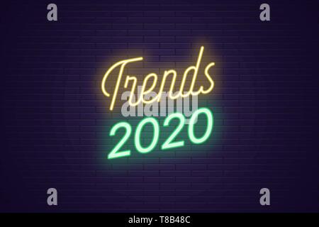 Neon lettering of Trends 2020. Glowing headline, bright neon cursive text of Trends 2020. Title template for web banner and poster. Yellow and green c Stock Vector