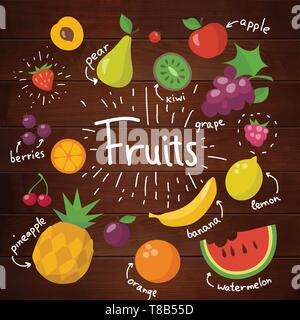 Vector food design with different fruits on wood background Stock Vector