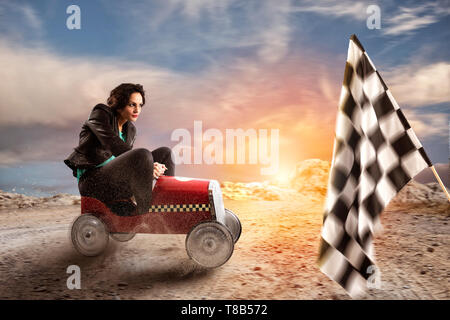 Fast businesswoman with a car wins against the competitors. Concept of success and competition. Stock Photo