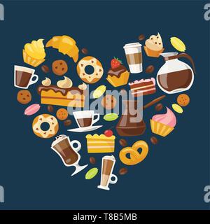 Coffee illustration  design with coffee and sweets elements in heart shape Stock Vector