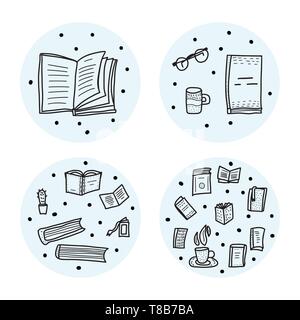 Set of round badges with books and reading symbols in doodle style. Vector illustration. Stock Vector