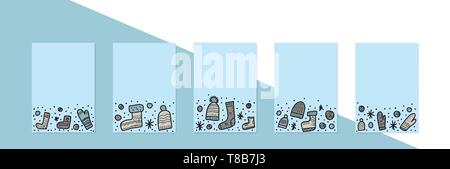 Set of vector banners with warm socks, beanies set. Collection of templates with winter clothes and empty space for text. Stock Vector