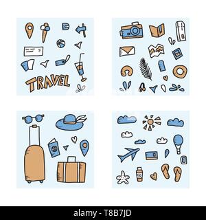 Set of travel symbols in doodle style. Hand drawn vector trip elements isolated on white background. Color illustration. Stock Vector