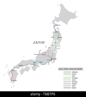 Map of the high speed train network in Japan Stock Vector
