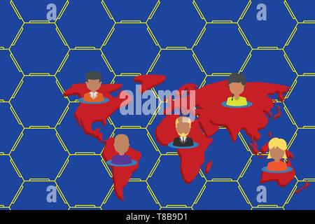 Connection multiethnic persons all over world. Global business earth map Design business concept Empty copy space modern abstract background Stock Vector