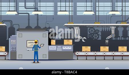 Automation factory concept with robot working flat design vector illustration Stock Vector