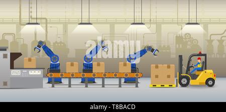 Automation factory concept with robot working flat design vector illustration Stock Vector