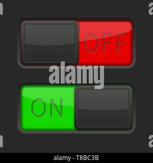 On and Off black toggle switch buttons. Red and green interface elements Stock Vector