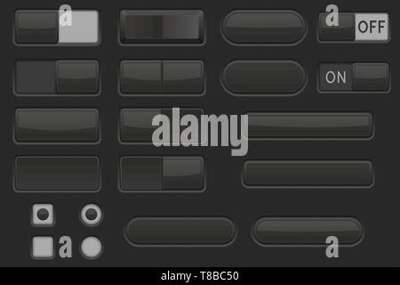 Toggle switch buttons and Push buttons. Black elements Stock Vector