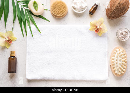Spa Background, composition, flat lay. Natural spa cosmetics and organic treatment concept on white, copy space. Stock Photo