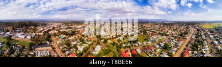 Town centre of Cessnock remote regional settlement in Hunter Valley of Australia. Wide aerial panorama over popular wine making region above streets,  Stock Photo