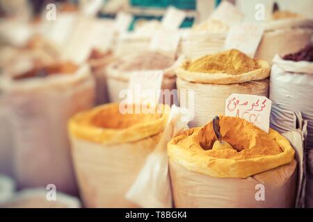 Spices on the traditional street market. Medina in Sousse. Medieval Town. Tunisia. Selective Focus. Stock Photo