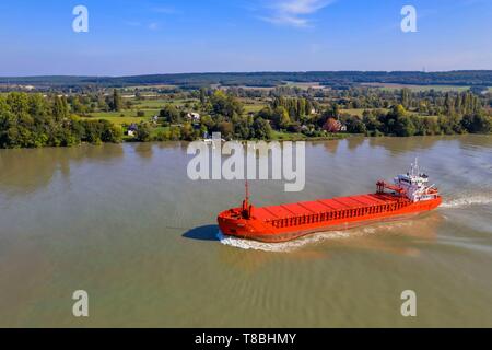 France, Seine-Maritime, Pays de Caux, Norman Seine River Meanders Regional Nature Park, the general cargo ship Merit going up the Seine at Mesnil sous Jumieges (aerial view) Stock Photo