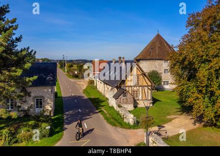 France, Seine-Maritime, Norman Seine River Meanders Regional Nature Park, Ambourville, the former octogonal dovecote from the manor of the Templars (aerial view) Stock Photo