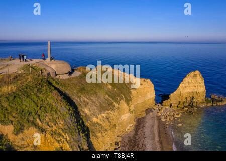 France, Calvados, Cricqueville en Bessin, Pointe du Hoc, german fortifications of the Atlantic wall, former german battery observation and firing station, monument in honor of the sacrifice of American troops and one of the places of commemoration of the landing (aerial view) Stock Photo