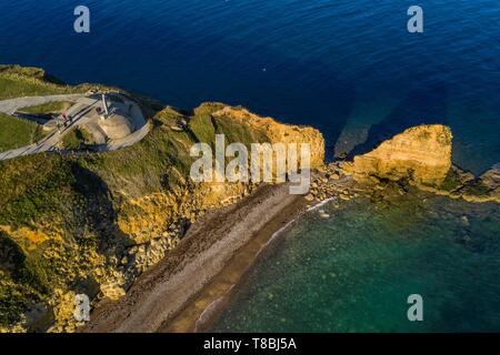 France, Calvados, Cricqueville en Bessin, Pointe du Hoc, german fortifications of the Atlantic wall, former german battery observation and firing station, monument in honor of the sacrifice of American troops and one of the places of commemoration of the landing (aerial view) Stock Photo