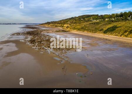 France, Calvados, Pays d'Auge, Trouville sur Mer, the Roches Noires (Black Rocks) beach which extends for several kilometers towards Hennequeville and Villerville, bordered by the cliffs of Roches Noires, Le Havre in the background (aerial view) Stock Photo