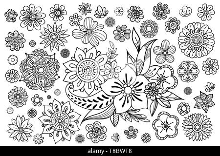 Hand drawn leaves and flowers collection. Floral design elements set. Black and white vector illustration in doodles style. Isolated on white background. Stock Vector