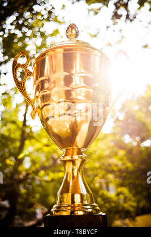 Gold trophy on green nature background Stock Photo - Alamy