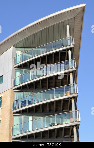 Balconies of flats at the Dolphin Quay development on Poole Quay, Poole, Dorset Stock Photo