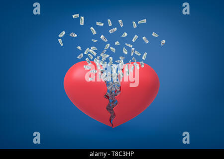 3d rendering of valentine heart broken in two with dollars flying out from inside. Stock Photo