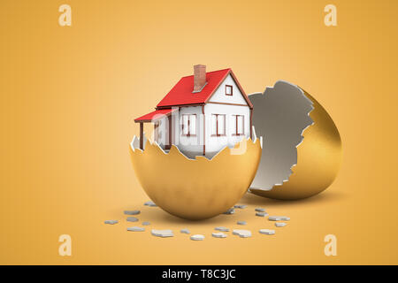 3d rendering of one-storeyed house in half of gold eggshell with the other eggshell lying behind on ocher background. Stock Photo
