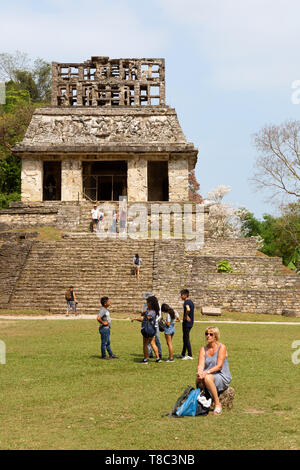 Mexico travel - tourists at the Temple of the Sun, ancient Mayan ruins at the UNESCO site of Palenque, Yucatan, Mexico Central America Stock Photo