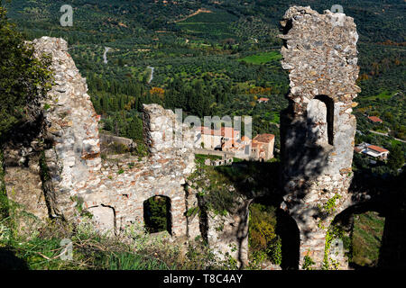 Part of the byzantine archaeological site of Mystras in Peloponnese, Greece. View of the remains of buildings in the middle city of the ancient Mystra Stock Photo