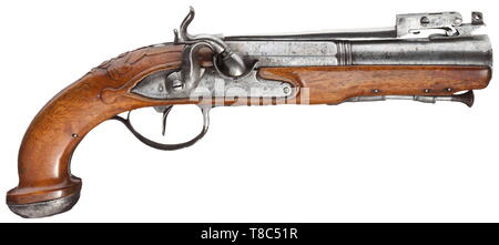 An English(?) blunderbuss pistol with spring-loaded bayonet, circa 1800 Two-stage smooth-bore barrel, octagonal then round after a girdle, with oval muzzle, a spring-loaded bayonet on top. Converted spring-loaded bayonet. Carved full stock with sparse brass inlays. Chiselled and engraved iron furniture. The ramrod is an inexpert replacement. The iron parts are stained. Length 30.5 cm. historic, historical, civil handgun, civil handguns, handheld, gun, guns, firearm, fire arm, firearms, fire arms, weapons, arms, weapon, arm, 19th century, Additional-Rights-Clearance-Info-Not-Available Stock Photo