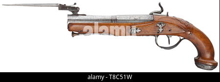 An English(?) blunderbuss pistol with spring-loaded bayonet, circa 1800 Two-stage smooth-bore barrel, octagonal then round after a girdle, with oval muzzle, a spring-loaded bayonet on top. Converted spring-loaded bayonet. Carved full stock with sparse brass inlays. Chiselled and engraved iron furniture. The ramrod is an inexpert replacement. The iron parts are stained. Length 30.5 cm. historic, historical, civil handgun, civil handguns, handheld, gun, guns, firearm, fire arm, firearms, fire arms, weapons, arms, weapon, arm, 19th century, Additional-Rights-Clearance-Info-Not-Available Stock Photo