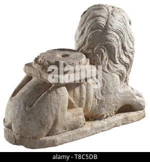 An Italian base of a column shaped like a lion, circa 1300 White, slightly patinated marble. A resting lion on a long rectangular plinth. On the back a simple Corinthian column base with assembly opening. Length 50 cm, height 38 cm. On sacred buildings lions often referred to Mark the Evangelist, on secular buildings the king of animals also symbolised the claim of the secular ruler. historic, historical, handicrafts, handcraft, craft, object, objects, stills, clipping, clippings, cut out, cut-out, cut-outs, middle ages, Additional-Rights-Clearance-Info-Not-Available Stock Photo