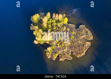 Island in the Bobingen reservoir, Wertach reservoir near Bobingen, near Augsburg, drone shot, Swabia, Bavaria, Germany Stock Photo