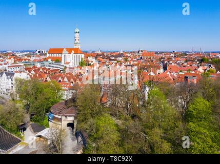 Red Gate and Basilica St. Ulrich and Afra, downtown, Augsburg, drone shot, Swabia, Bavaria, Germany Stock Photo