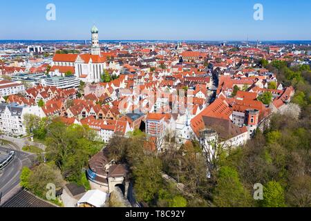 Red Gate and Basilica St. Ulrich and Afra, downtown, Augsburg, drone shot, Swabia, Bavaria, Germany Stock Photo