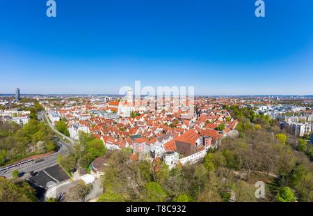 Open-air stage at the Red Gate and Basilica St. Ulrich and Afra, downtown, Augsburg, drone shot, Swabia, Bavaria, Germany Stock Photo