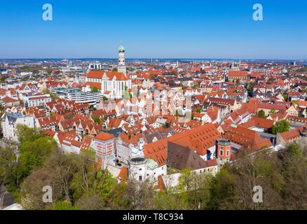 Water towers at the Red Gate and Basilica St. Ulrich and Afra, downtown, Augsburg, drone shot, Swabia, Bavaria, Germany Stock Photo