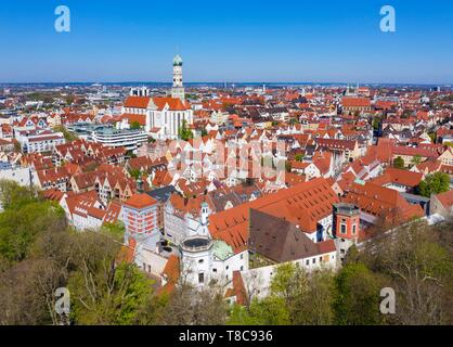 Water towers at the Red Gate and Basilica St. Ulrich and Afra, downtown, Augsburg, drone shot, Swabia, Bavaria, Germany Stock Photo