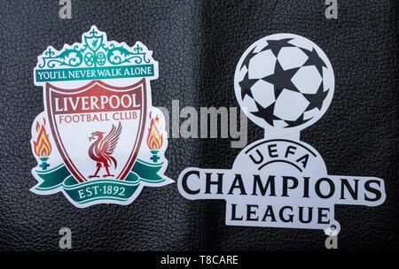 May 11, 2019 Madrid, Spain. Emblem of the finalist of the UEFA Champions League season 2018/2019 FC Liverpool on a black koan background. Stock Photo