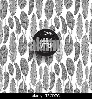 Feathers set illustration set on white background. Hand drawn vector outline feathers boho style design graphics. Seamless pattern. Stock Vector