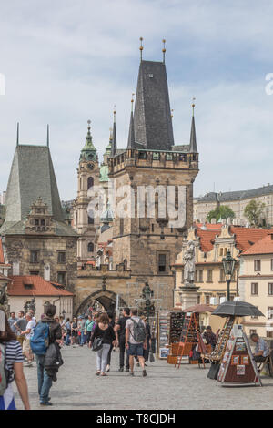 Prague, Czech republic - April 26.2019. Tourist walking on historical charles bridge Stock Photo