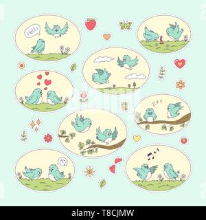 Birds sticker. Set of cute cartoon characters. Vector collection for stickers, patches, badges, pins. Hand drawn style doodle. Stock Vector