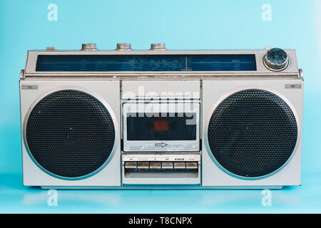 Vintage stereo on blue pastel color background Stock Photo
