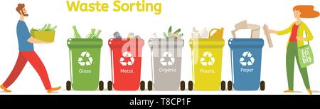 Waste sorting vector illustration with two people  Stock Vector