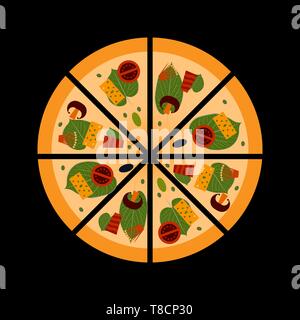 Pizza with mushrooms, vegetables, cheese and meat. Italian pizza cut into pieces. Traditional Italian fast food. Close-up. Vector flat style for pizze Stock Vector