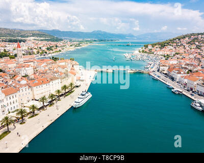 Aerial view of touristic old Trogir, historic town on a small island and harbour on the Adriatic coast in Split-Dalmatia County, Croatia. Ciovski most Stock Photo