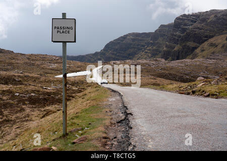 View of single track road on Bealach na Ba pass on Applecross Peninsula  the North Coast 500 driving route in northern Scotland, UK