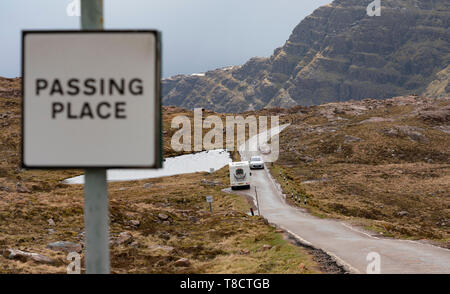 View of single track road and passing place on Bealach na Ba pass on Applecross Peninsula  the North Coast 500 driving route in northern Scotland, UK