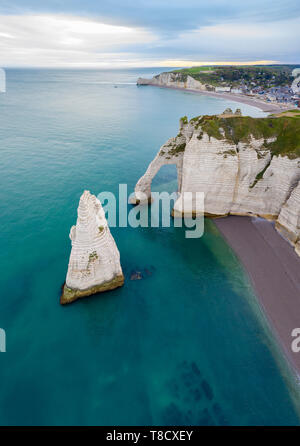 Aerial view of the cliffs of Etretat, Octeville sur Mer, Le Havre, Seine Maritime, Normandy, France, Western Europe. Stock Photo