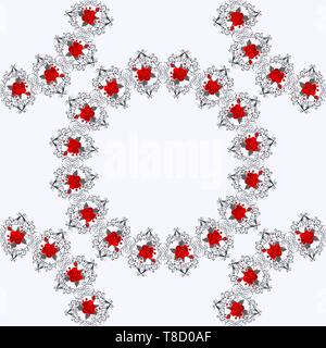 Seamless pattern with red flowers, leaves and berries on white background. Fashion design for fabric, textile, wrapping paper. Fancywork print. Vector Stock Vector