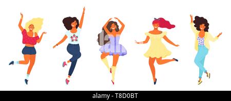 Bundle of dancing young pretty girls. Modern flat colorful vector illustration. Stock Vector